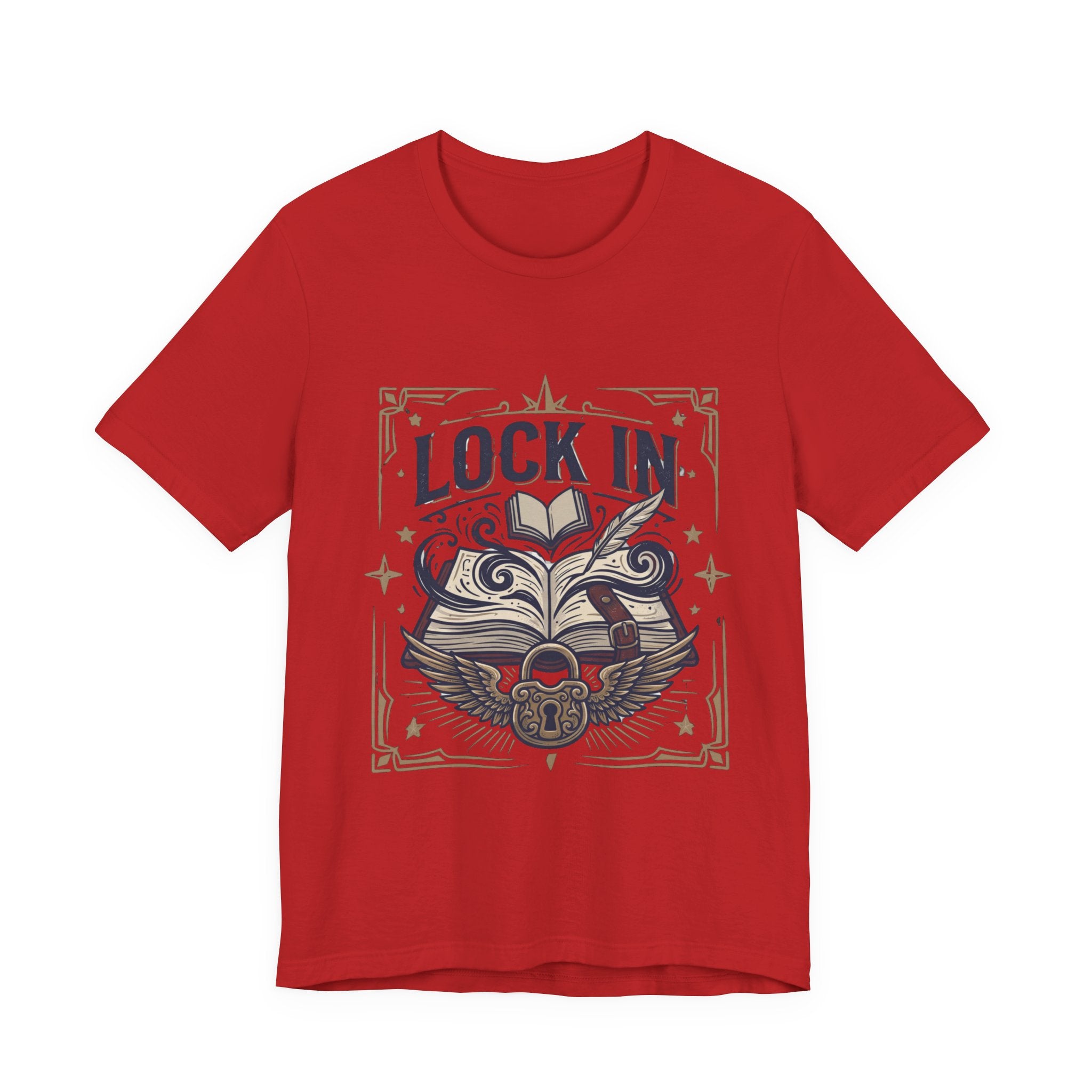 Lock In Writer T-Shirt | Winged Padlock Book Tee | Motivational Author Gift | Unisex Heavy Cotton