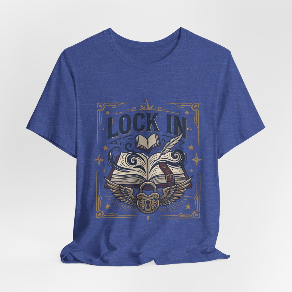 Lock In Writer T-Shirt | Winged Padlock Book Tee | Motivational Author Gift | Unisex Heavy Cotton