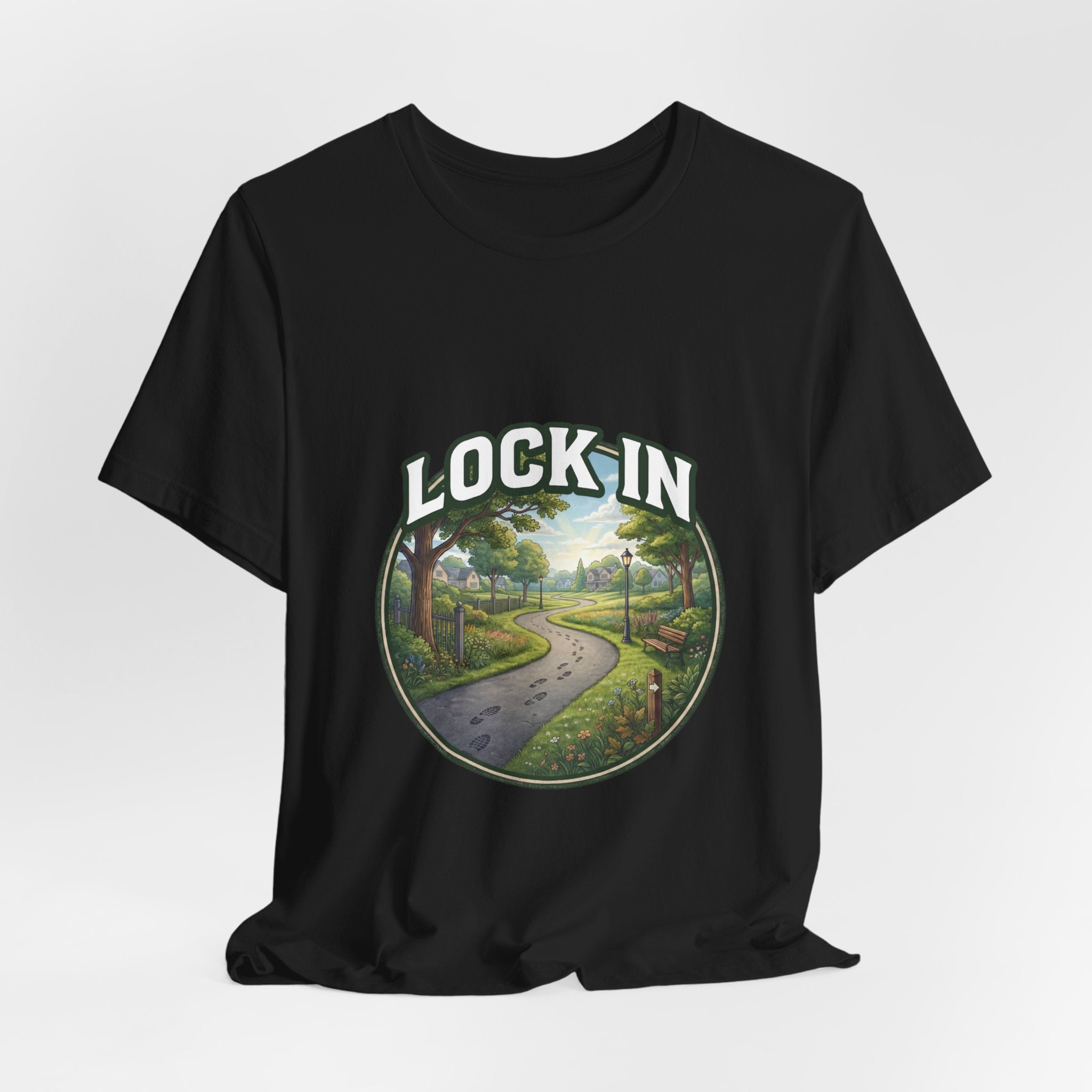 Lock In Life | Neighborhood Park Walking Tee | Nature Walk Graphic T-Shirt | Outdoor Lifestyle Shirt | Unisex Bella Canvas Tee