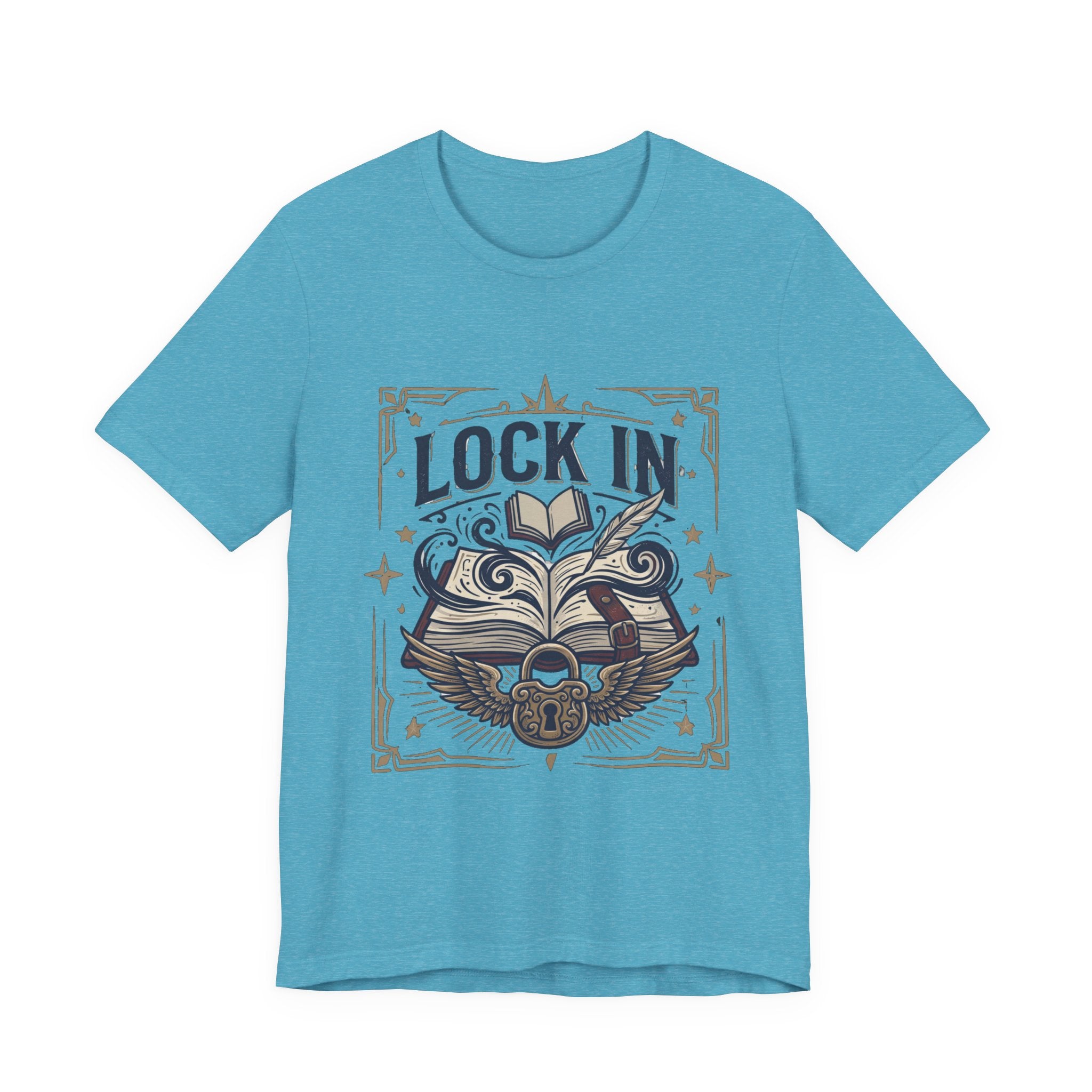 Lock In Writer T-Shirt | Winged Padlock Book Tee | Motivational Author Gift | Unisex Heavy Cotton
