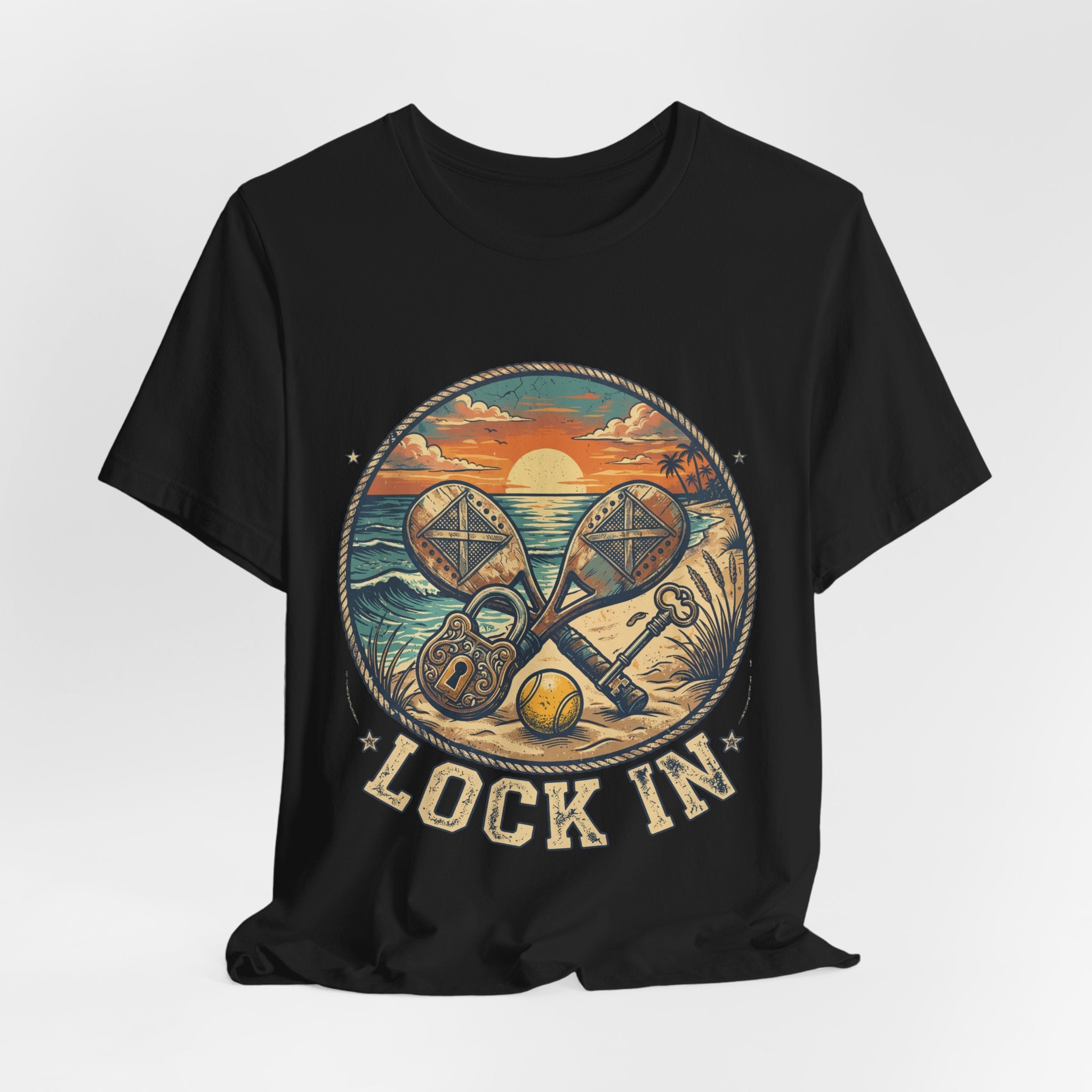 Beach Tennis T-Shirt | Vintage Lock Key Crossed Paddles | Unisex Heavy Cotton Tee