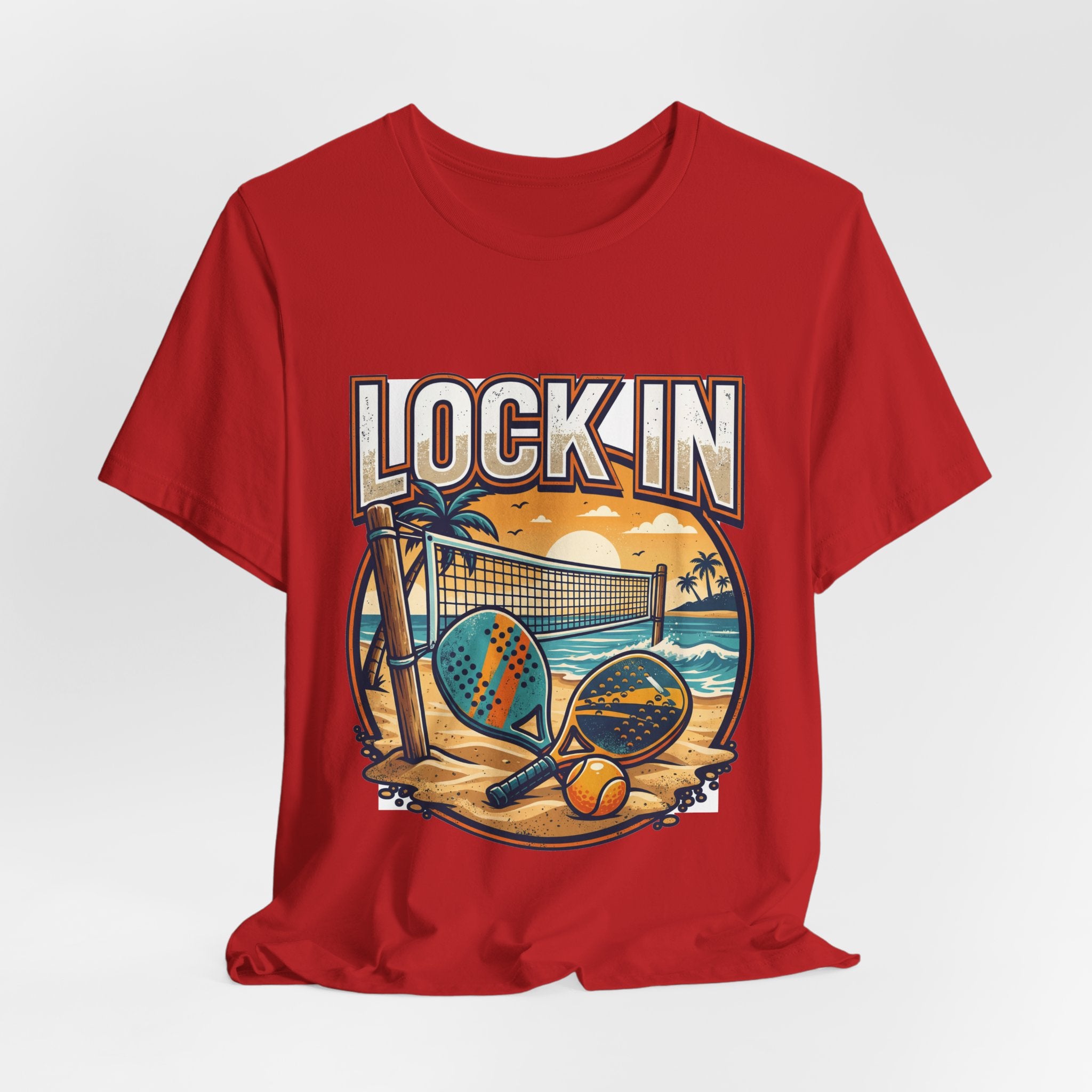 Beach Tennis T-Shirt | Bold Orange Two Paddles Net | Lock In | Unisex Gift