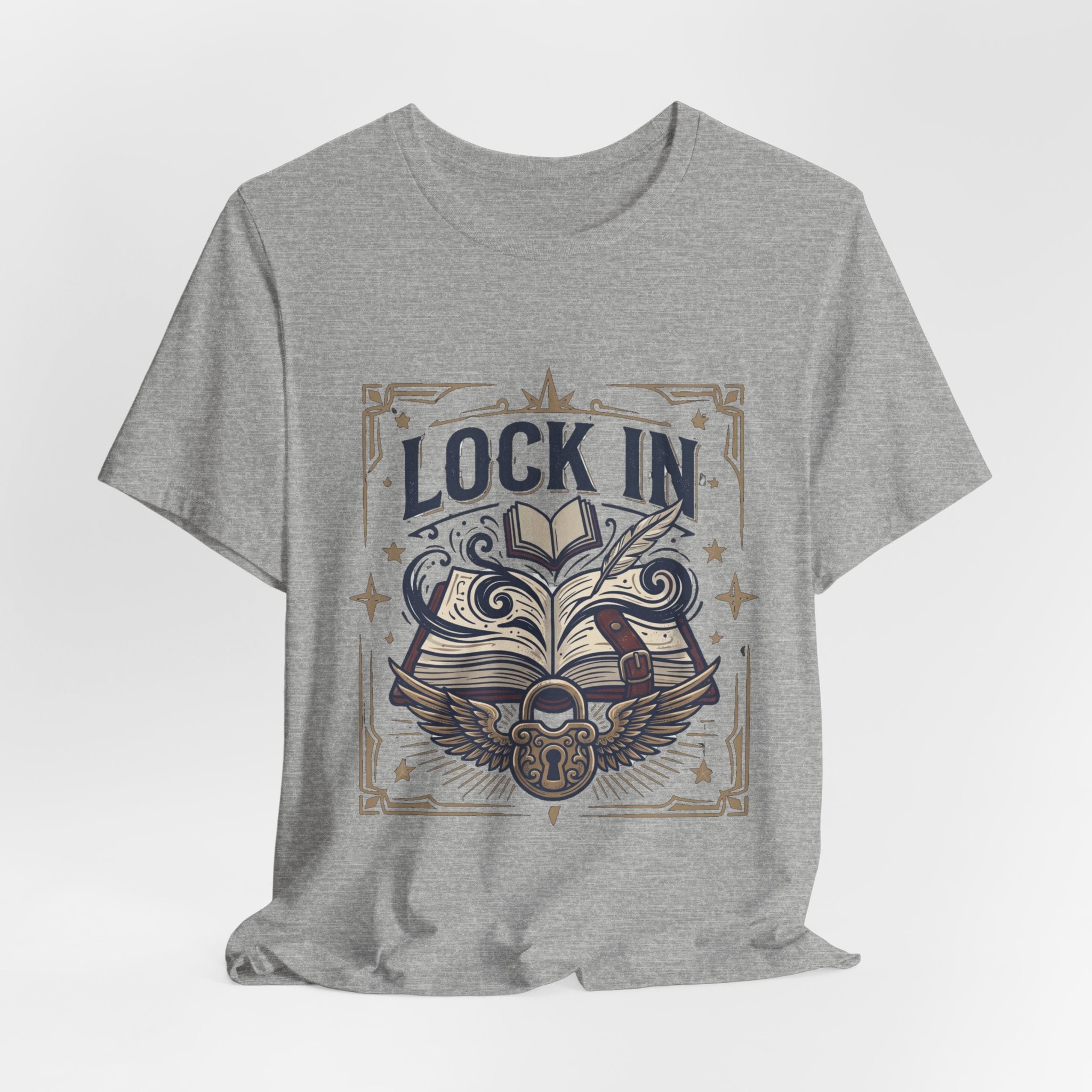 Lock In Writer T-Shirt | Winged Padlock Book Tee | Motivational Author Gift | Unisex Heavy Cotton
