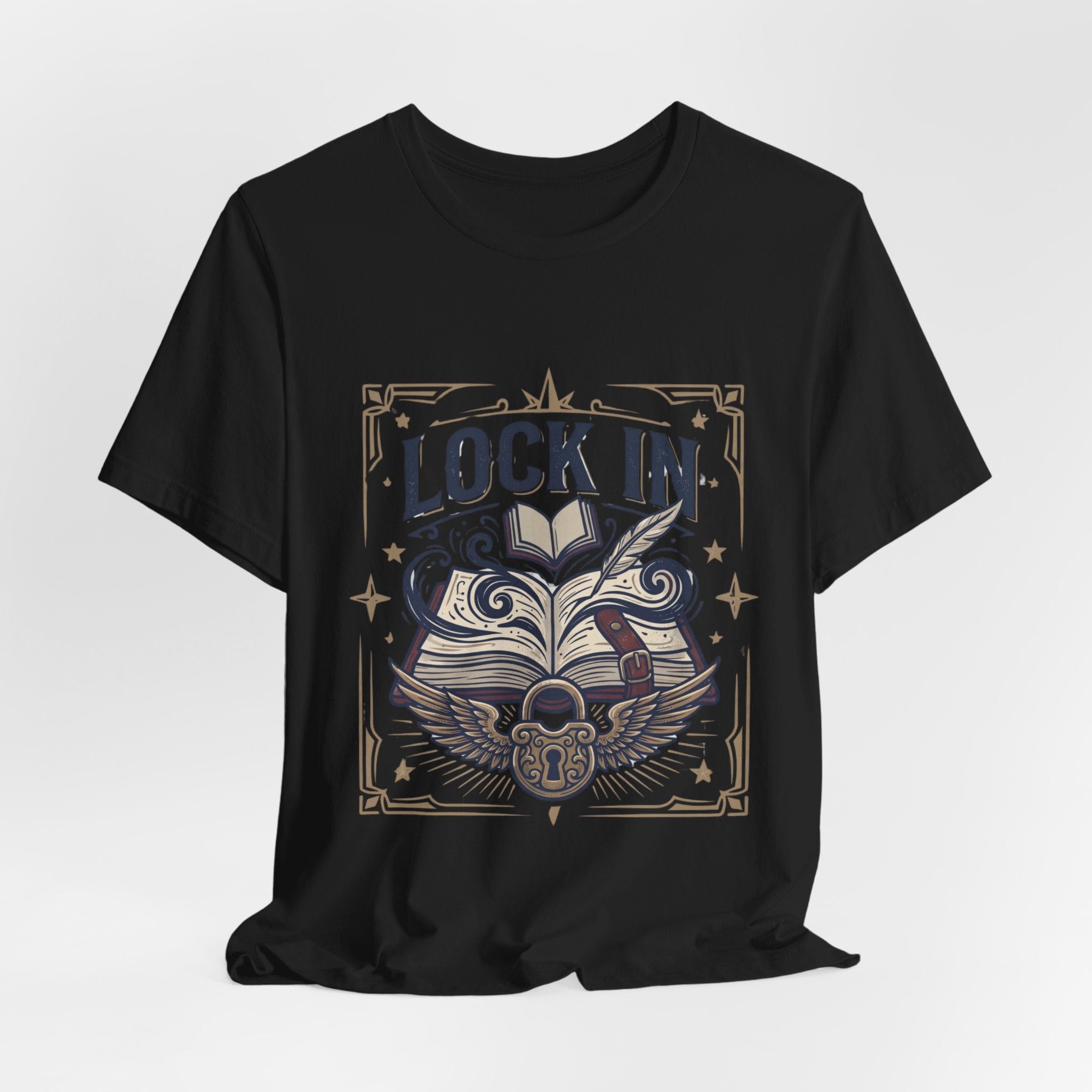 Lock In Writer T-Shirt | Winged Padlock Book Tee | Motivational Author Gift | Unisex Heavy Cotton