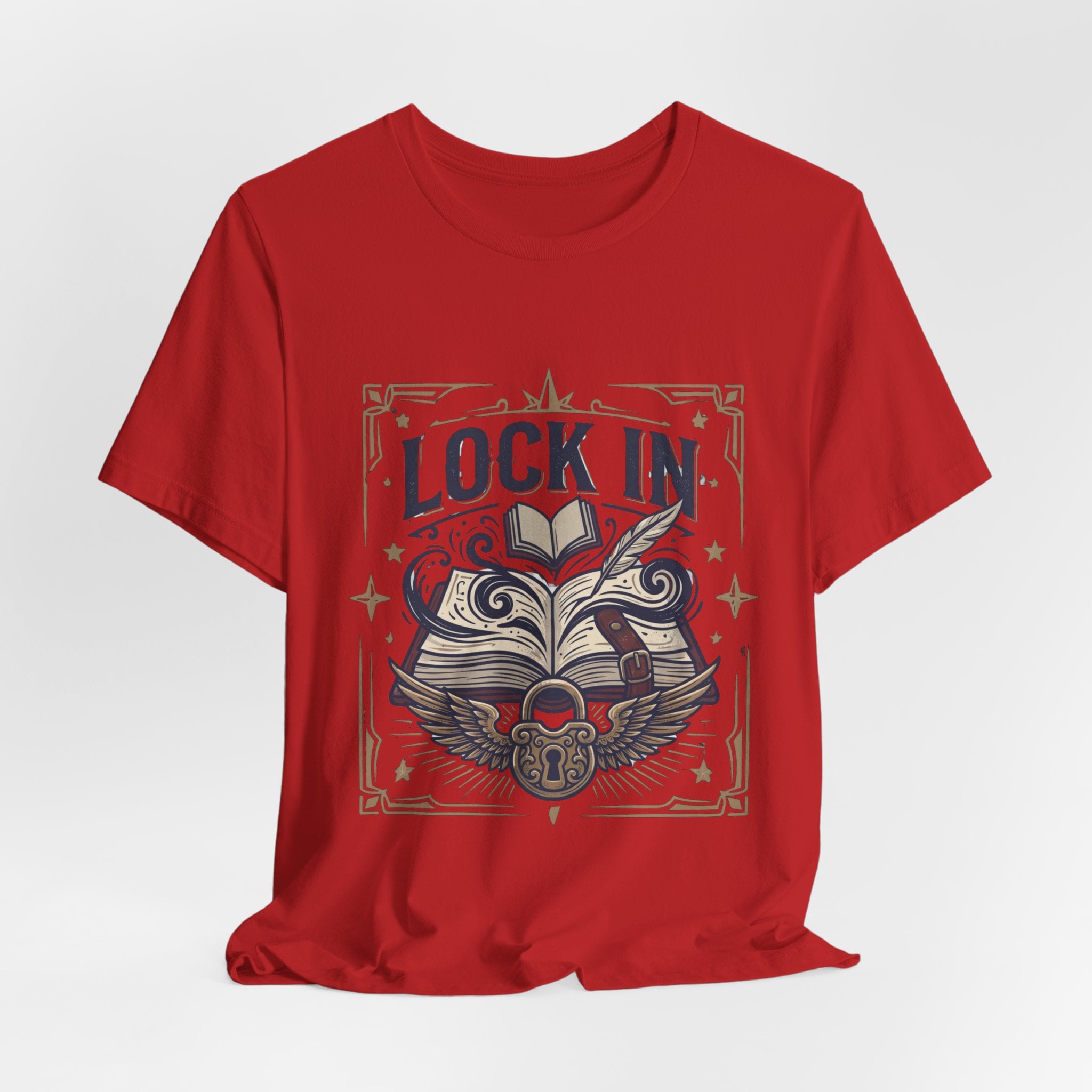 Lock In Writer T-Shirt | Winged Padlock Book Tee | Motivational Author Gift | Unisex Heavy Cotton