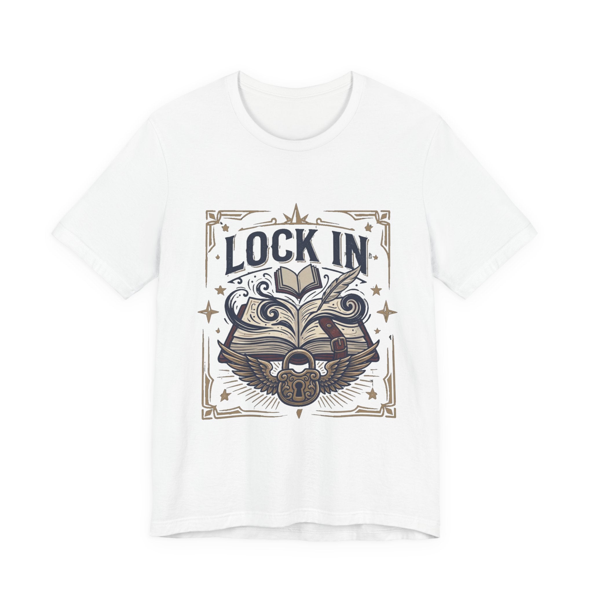 Lock In Writer T-Shirt | Winged Padlock Book Tee | Motivational Author Gift | Unisex Heavy Cotton