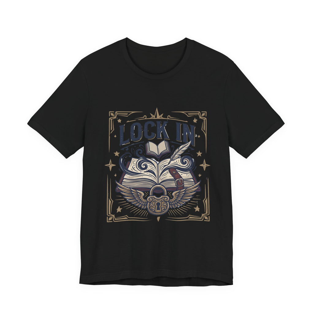 Lock In Writer T-Shirt | Winged Padlock Book Tee | Motivational Author Gift | Unisex Heavy Cotton
