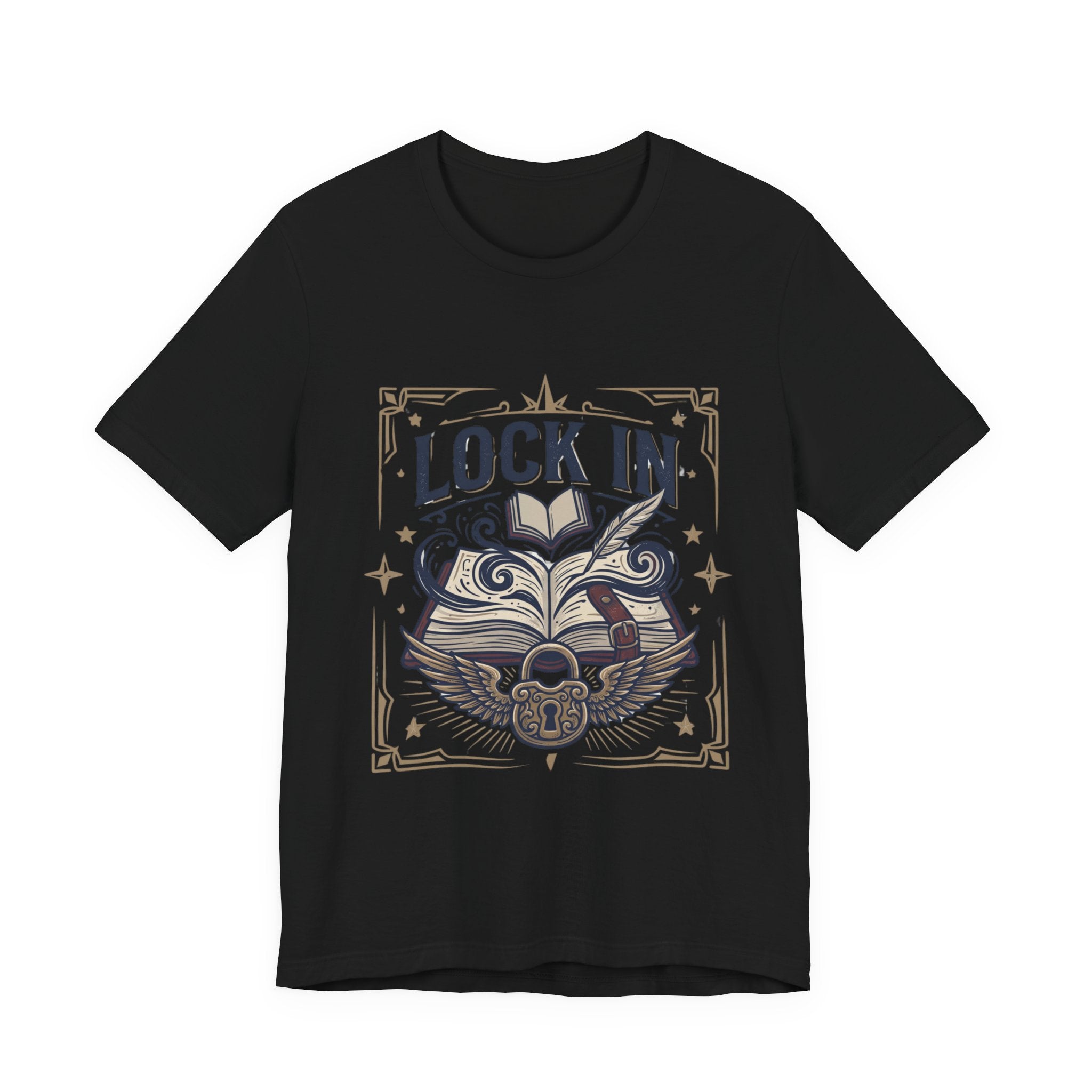 Lock In Writer T-Shirt | Winged Padlock Book Tee | Motivational Author Gift | Unisex Heavy Cotton