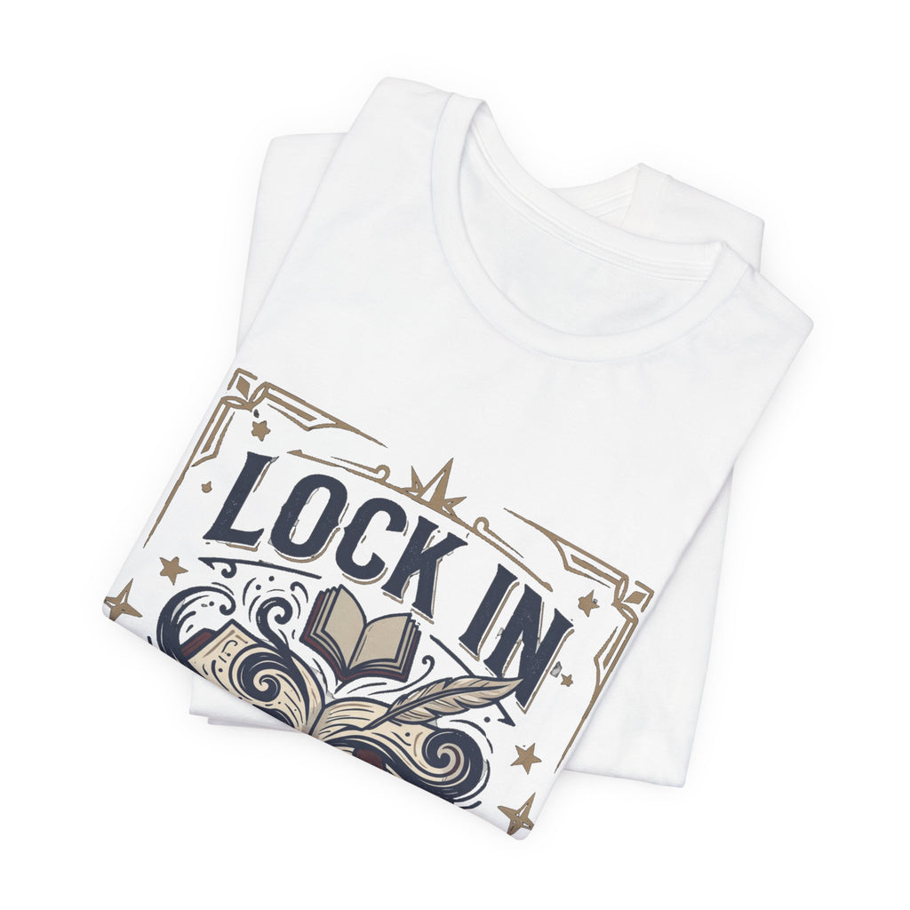 Lock In Writer T-Shirt | Winged Padlock Book Tee | Motivational Author Gift | Unisex Heavy Cotton