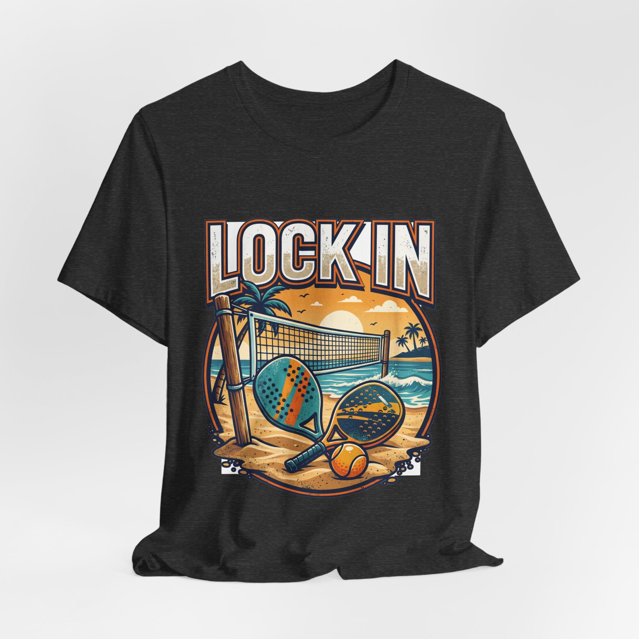 Beach Tennis T-Shirt | Bold Orange Two Paddles Net | Lock In | Unisex Gift