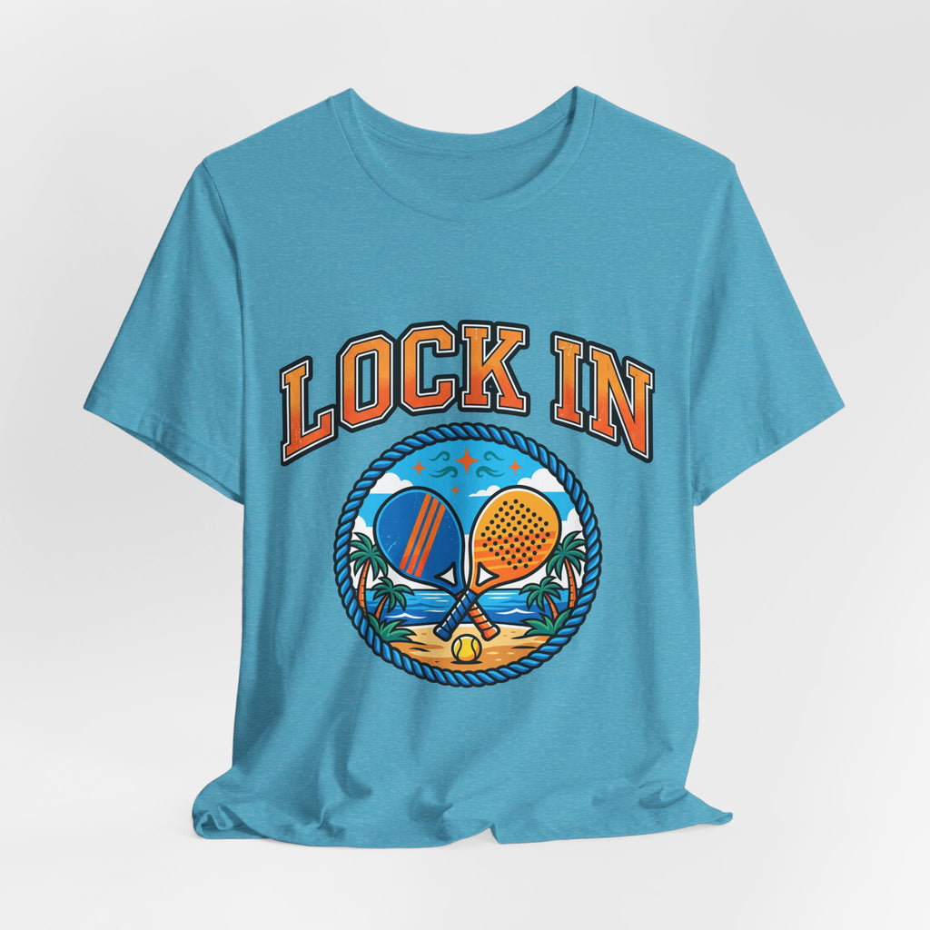 Lock In Beach Tennis T-Shirt | Collegiate Graphic Tee | Unisex Heavy Cotton | Pickleball Padel Gift