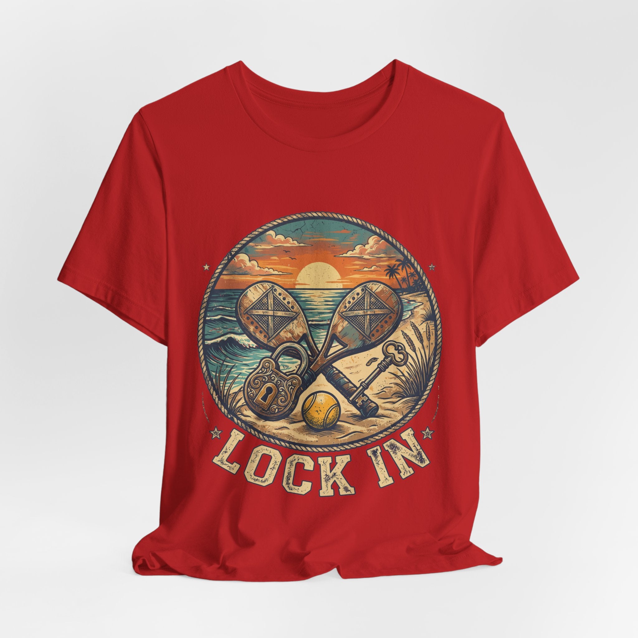 Beach Tennis T-Shirt | Vintage Lock Key Crossed Paddles | Unisex Heavy Cotton Tee