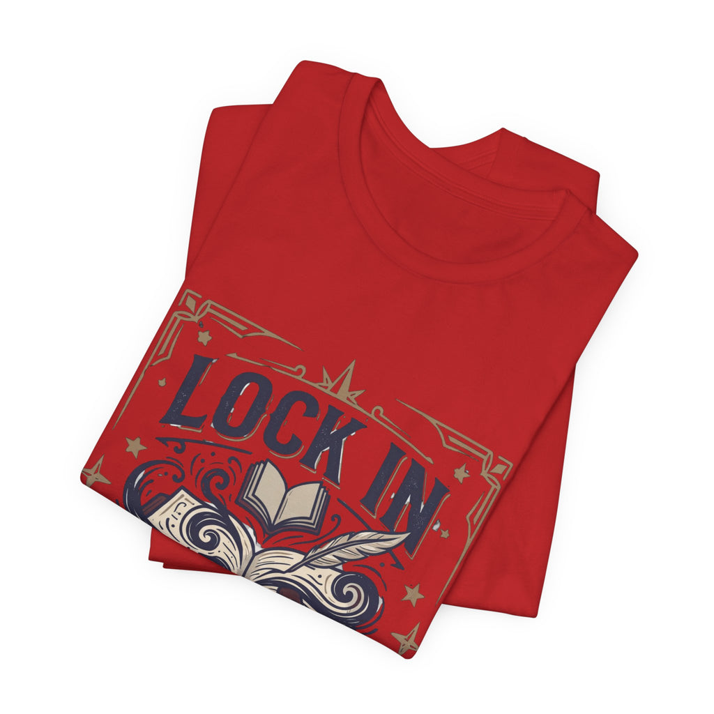 Lock In Writer T-Shirt | Winged Padlock Book Tee | Motivational Author Gift | Unisex Heavy Cotton