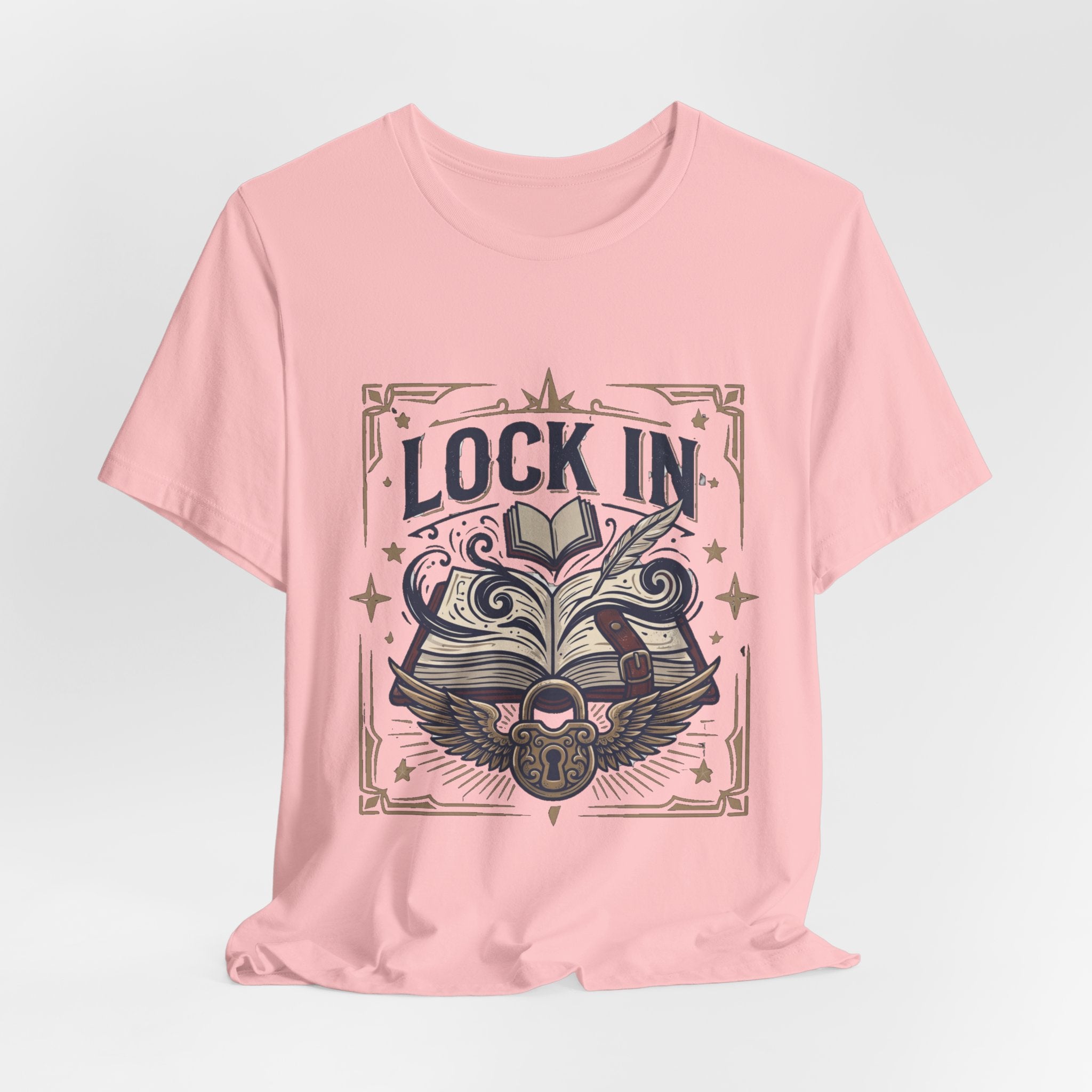Lock In Writer T-Shirt | Winged Padlock Book Tee | Motivational Author Gift | Unisex Heavy Cotton
