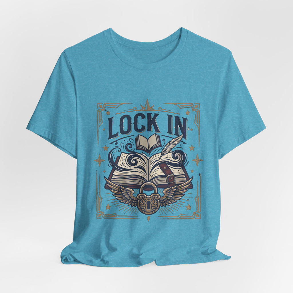 Lock In Writer T-Shirt | Winged Padlock Book Tee | Motivational Author Gift | Unisex Heavy Cotton