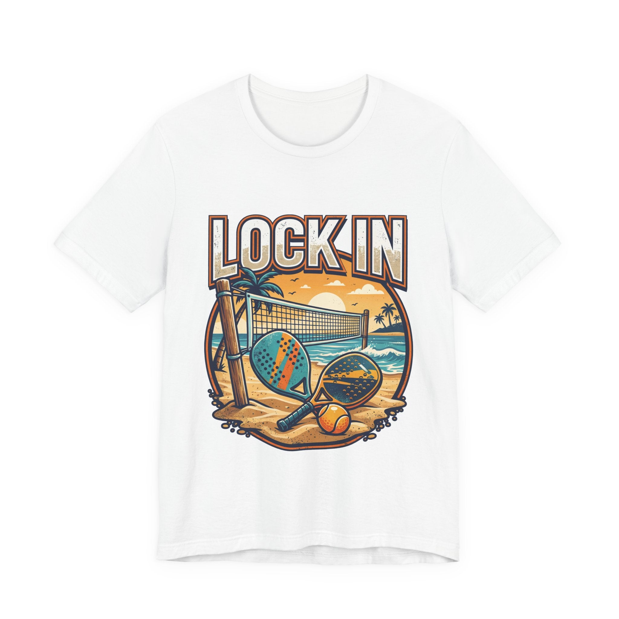 Beach Tennis T-Shirt | Bold Orange Two Paddles Net | Lock In | Unisex Gift