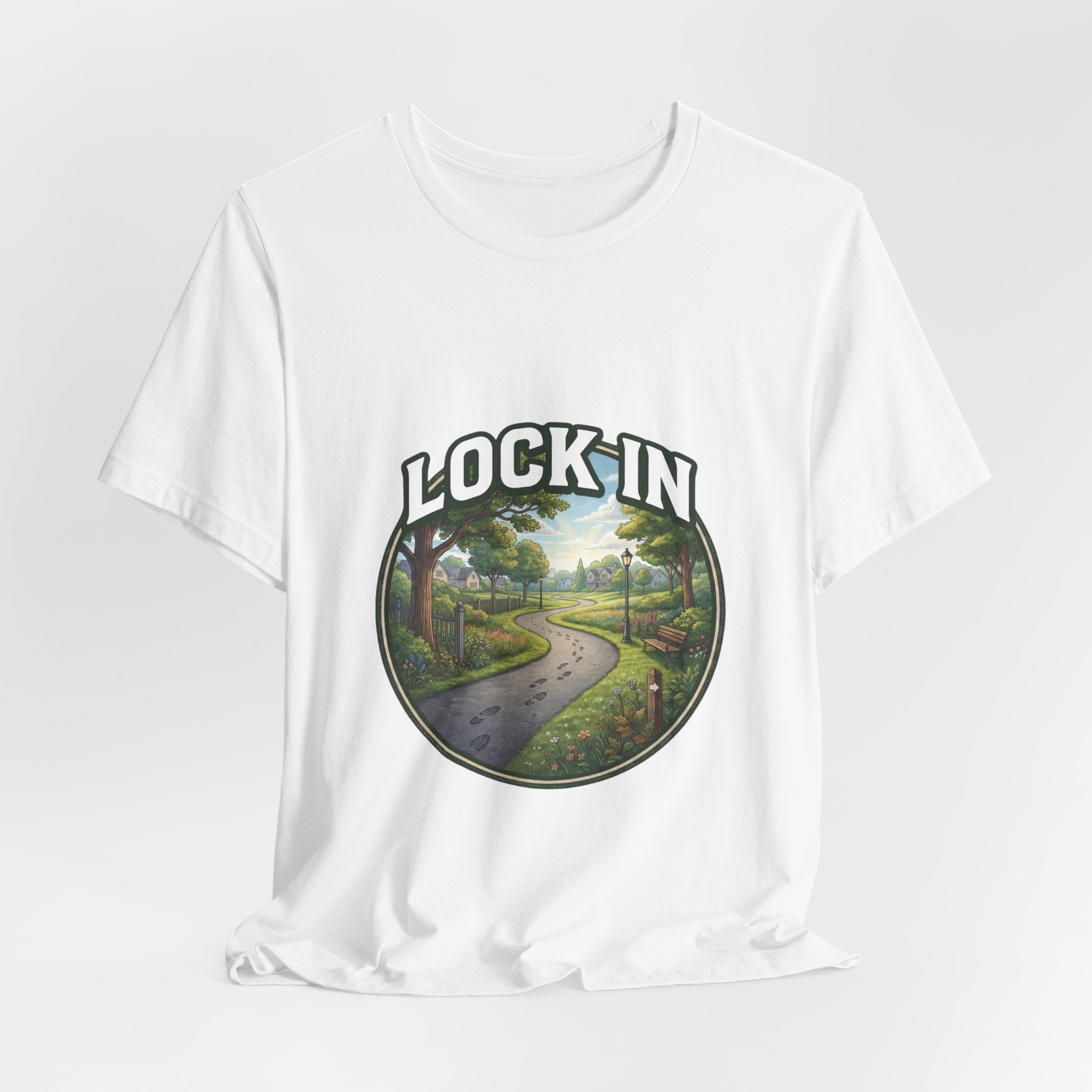Lock In Life | Neighborhood Park Walking Tee | Nature Walk Graphic T-Shirt | Outdoor Lifestyle Shirt | Unisex Bella Canvas Tee