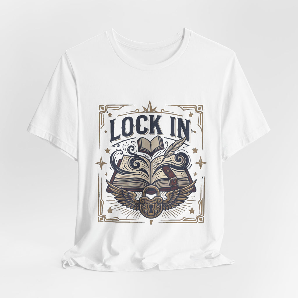 Lock In Writer T-Shirt | Winged Padlock Book Tee | Motivational Author Gift | Unisex Heavy Cotton