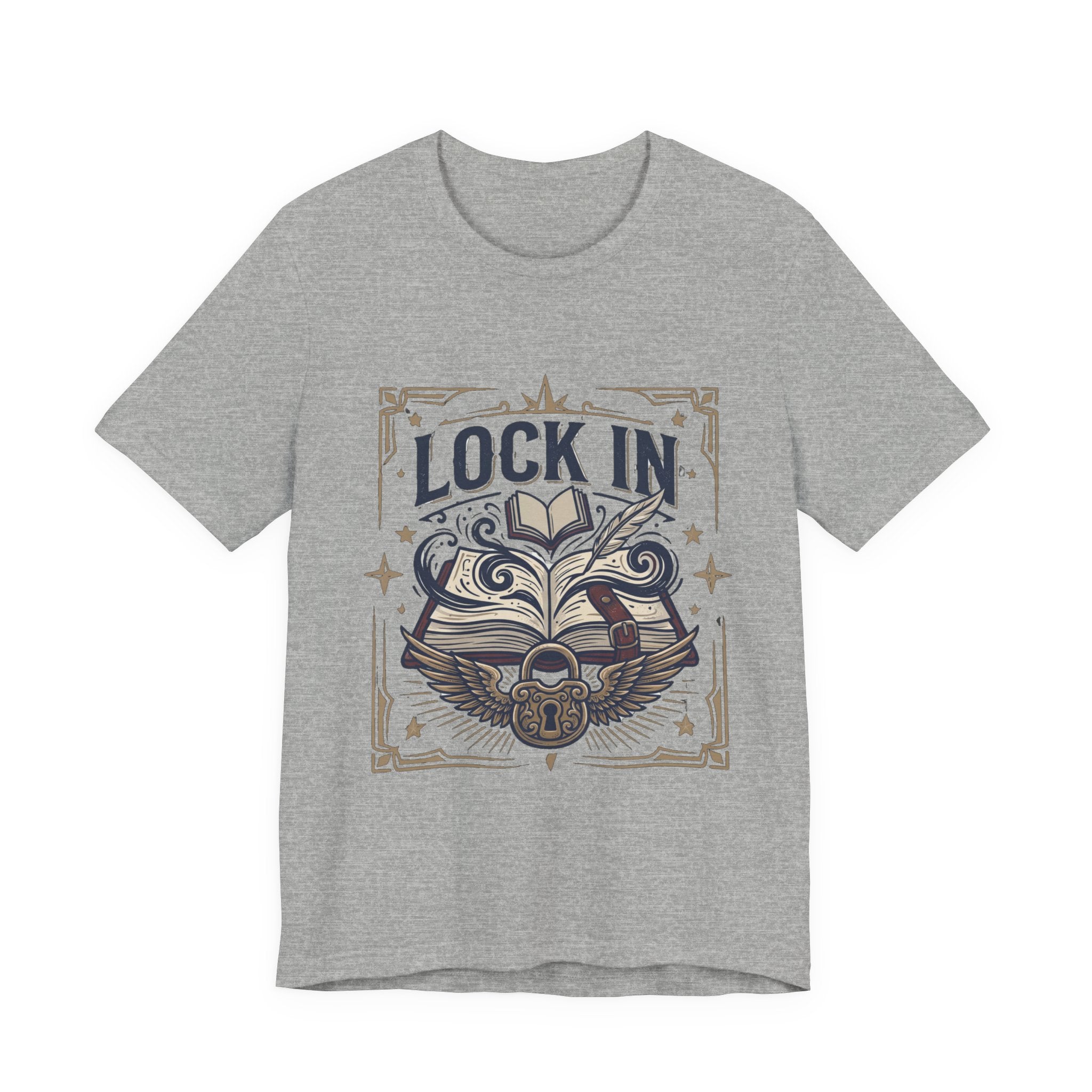 Lock In Writer T-Shirt | Winged Padlock Book Tee | Motivational Author Gift | Unisex Heavy Cotton